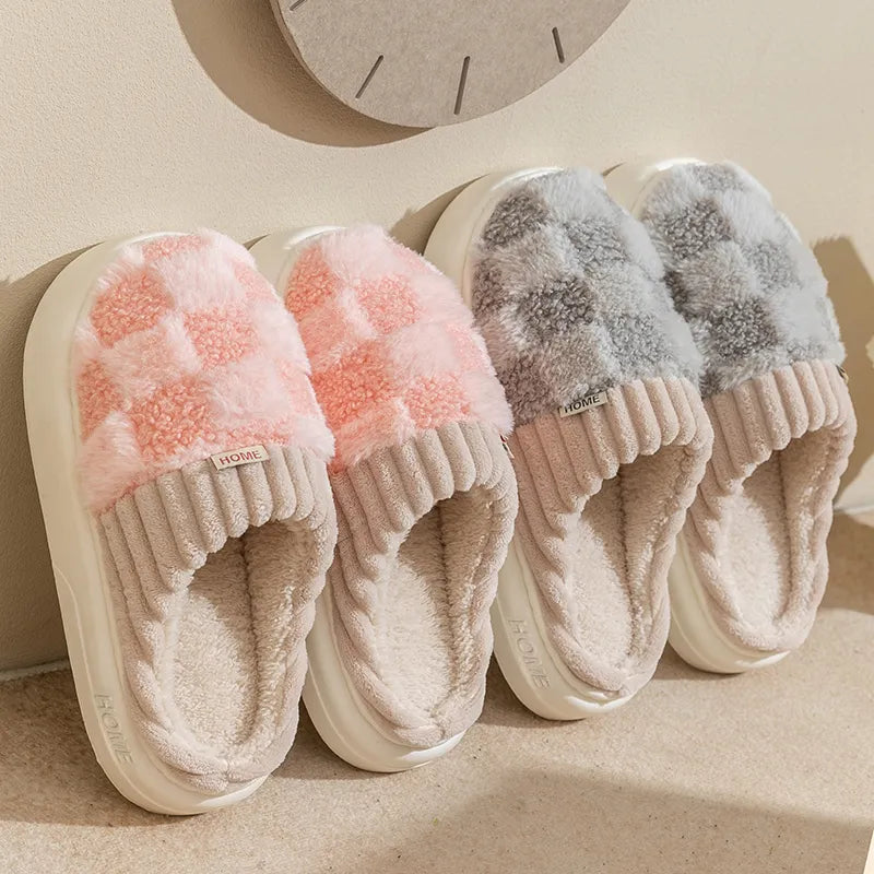 Slippers with stylish prints-Fashion Couple Winter Toe Wrap Warm Plaid Cotton Slippers Thick Soft Sole Slides Men Women Indoor Floor Flat Home Non-slip Shoes