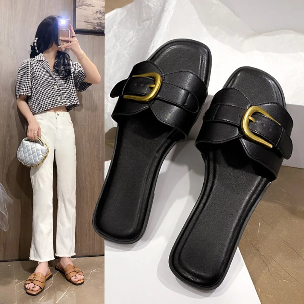 Slippers for quick rest-Summer Women Slippers Leather Square Toe Women Flats Flip Flops Designer Ladies Slides Sandals Women Shoes Luxury Sandals