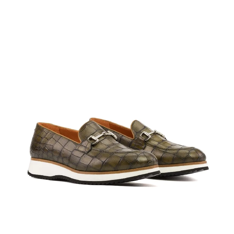 simple penny loafers-Ambrogio Bespoke Men's Shoes Olive Crocodile Print Leather Horsebit Loafers (AMB2273)