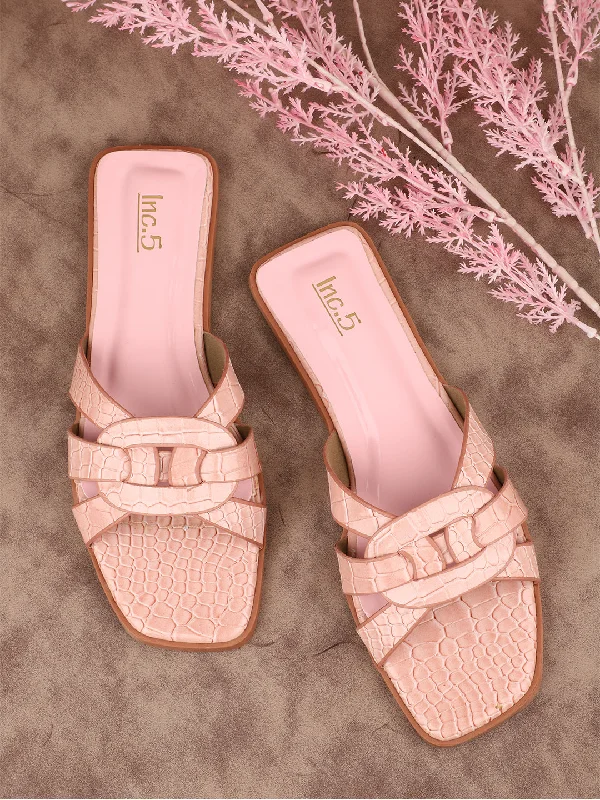 sleek patent flats-Women Peach Textured Strappy Open Toe Flats