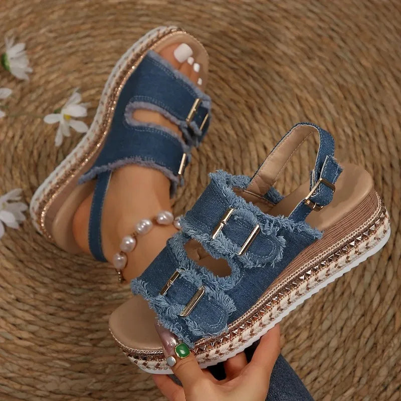 Slippers with fun textures-Women Wedge Sandals Summer Beach Slippers Double Buckle Non-slip Clogs Slides Women Flip Flop Platform Sandals Denim Female