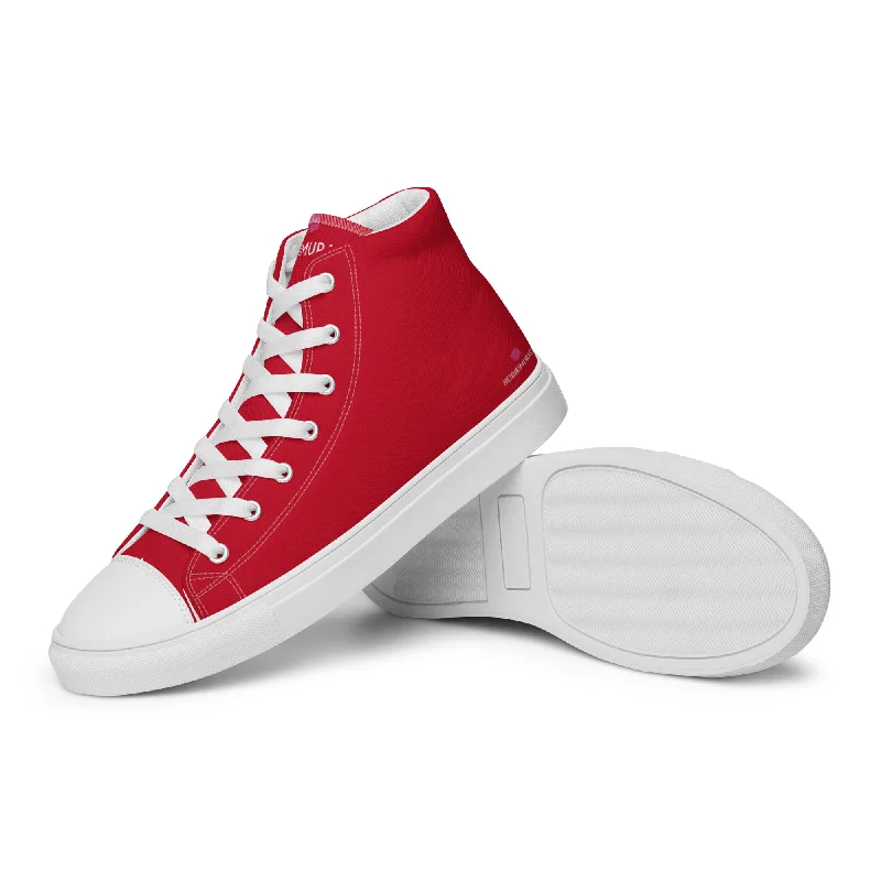 Bright Red Men's High Tops, Solid Red Color Men’s High Top Sneakers Canvas Tennis Shoes With White Laces and Faux Leather Toe Caps (US Size: 5-13)