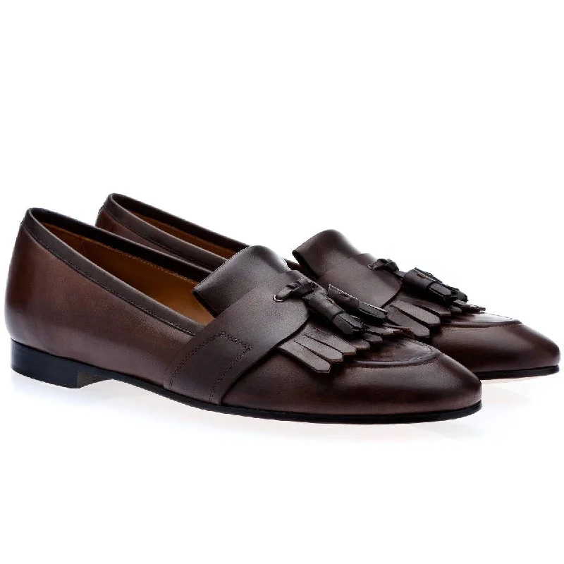 non-slip office loafers-SUPERGLAMOUROUS Romeo Toledo Men's Shoes Cocoa Calf-Skin Leather Tassels Loafers (SPGM1052)