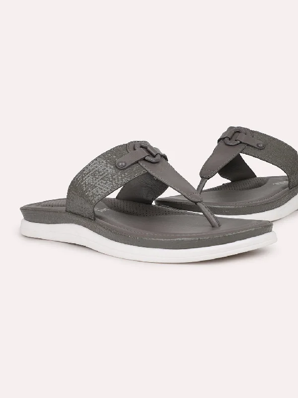 plush satin flats-Women Grey Textured T-Strap Open Toe Flats