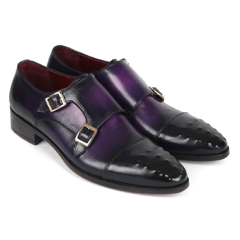 breathable work loafers-Paul Parkman 047-PRP Men's Shoes Purple Calf-Skin Leather Studded Cap Toe Monkstraps Loafers (PM6378)