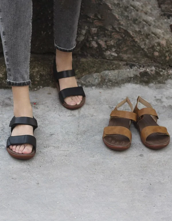 sandals with ergonomic heels -Summer Soft Leather Velcro Sandals