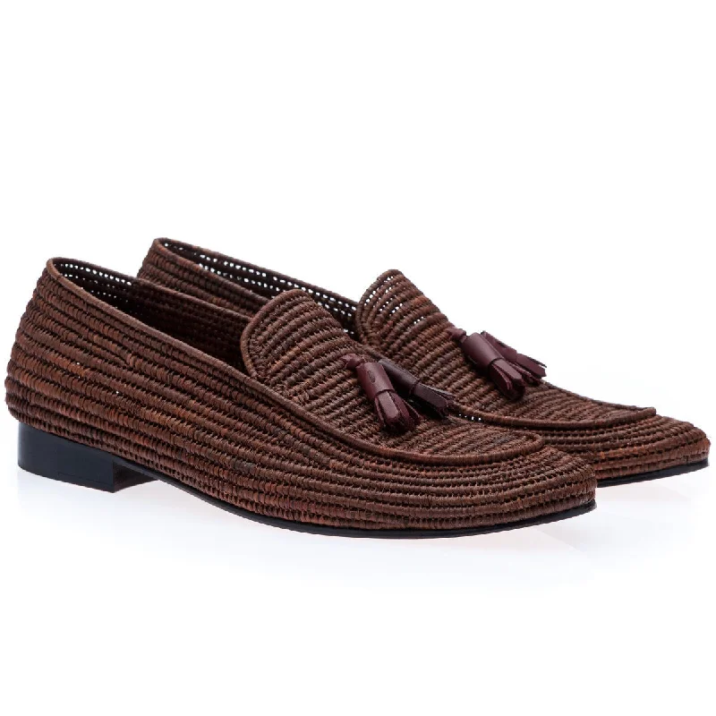 simple penny loafers-SUPERGLAMOUROUS Melilla Rafia Men's Shoes Brown Fabric Tassel Loafers (SPGM1157)