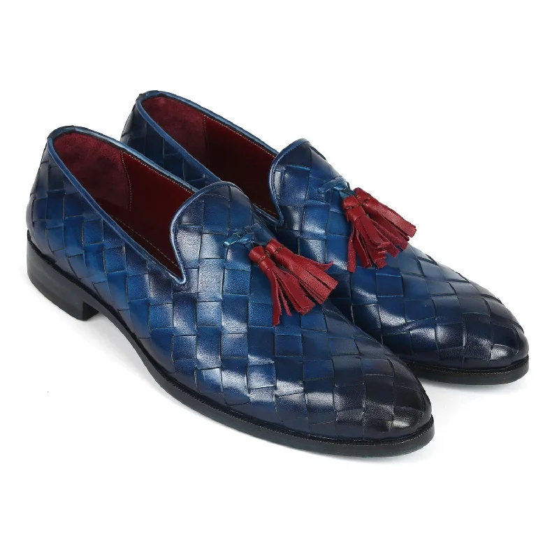 versatile black loafers-Paul Parkman 6623-BLU Men's Shoes Blue Big Braided Woven Leather Tassel Loafers (PM6377)