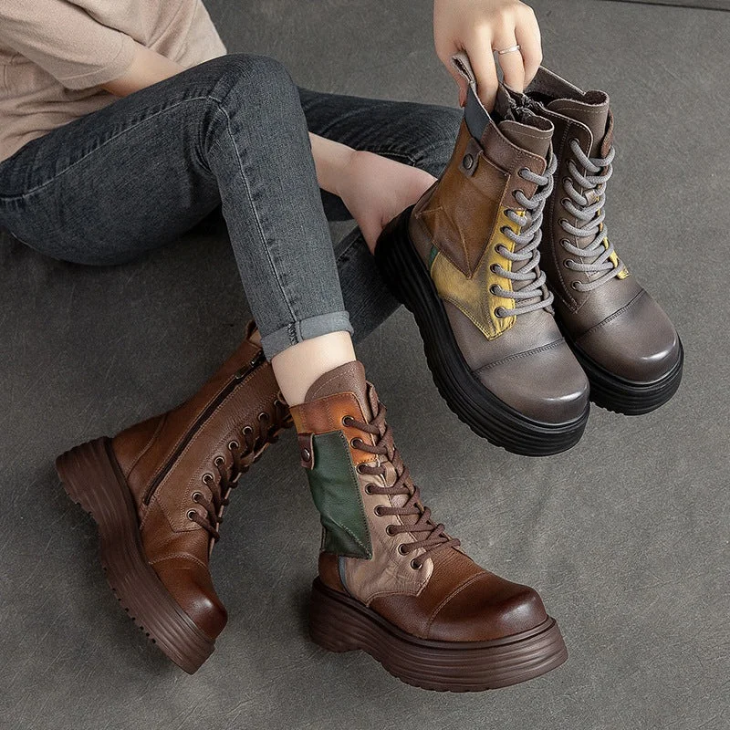 Fashionable knee-high boots for winter -Women Retro Casual Leather Thick Sole Boots