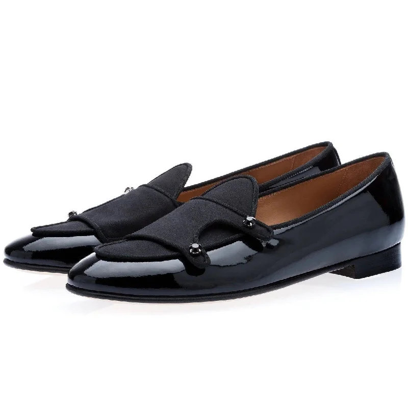 stylish spring loafers-SUPERGLAMOUROUS Tangerine 7 Multi Men's Shoes Black Satin / Patent Leather Monk-Straps Belgian Loafers (SPGM1023)