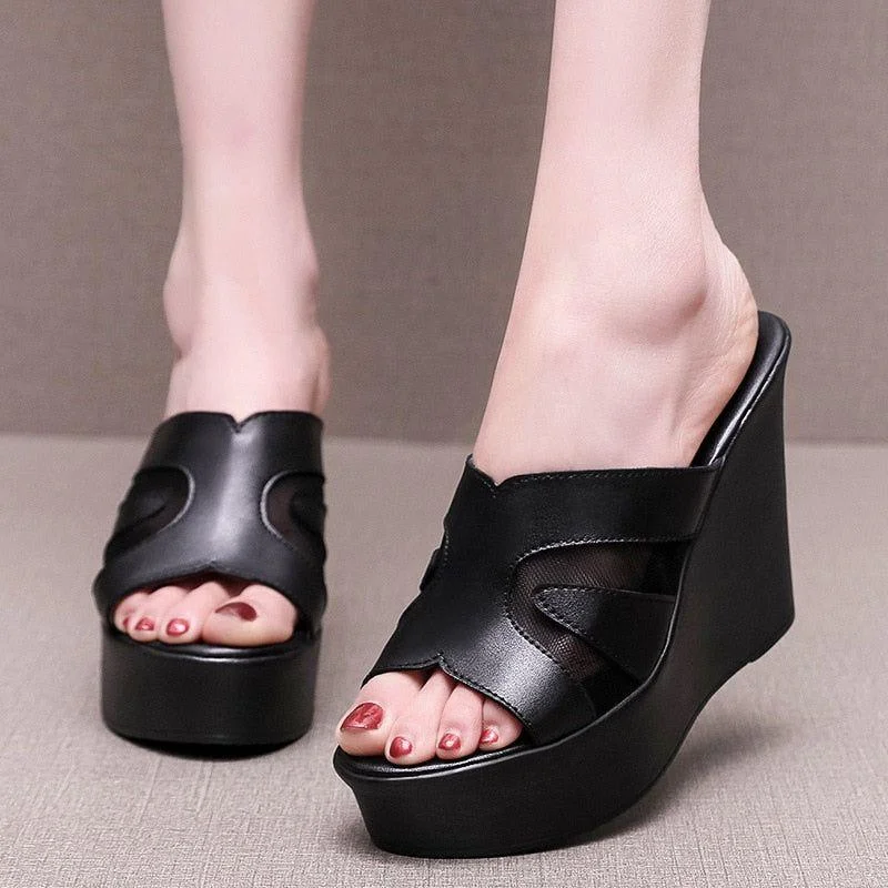 Slippers for home calm-Leather High Heels Slippers - Women's Casual Shoes EJ950