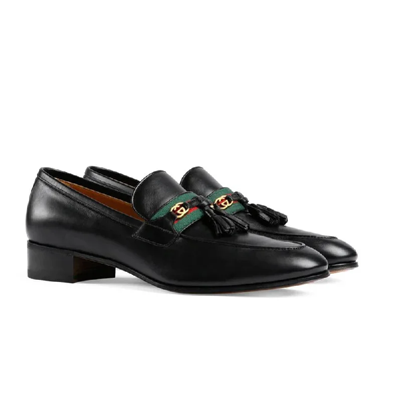 cute patterned loafers-Gucci 624720 1066 Men's Shoes Black Calf-Skin Leather with Web and Interlocking G Tassels Loafers (GGM1721)