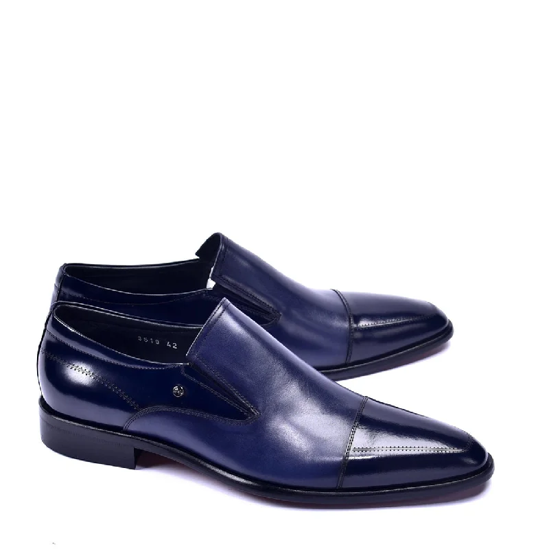 women’s navy loafers-Corrente C1401 3519 Men's Shoes Navy Calf-Skin Cap toe Leather Loafers (CRT1307)