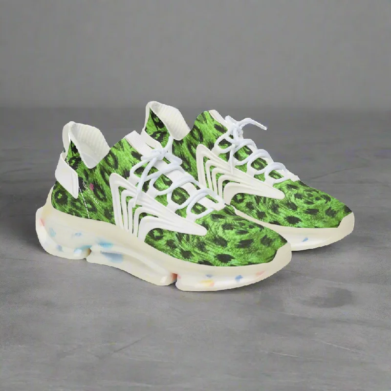 Women's Green Leopard Mesh Sneakers, Leopard Animal Print Mesh Sneakers For Women (US Size: 5.5-12)