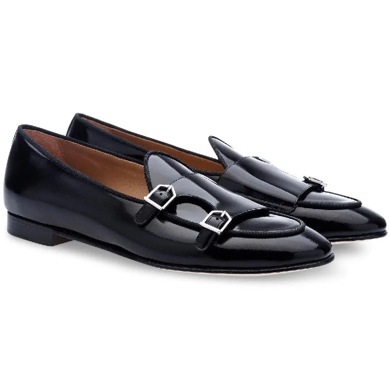 fashionable red loafers-SUPERGLAMOUROUS Tangerine 7 Men's Shoes Black Polished Leather Monk-Straps Belgian Loafers (SPGM1047)