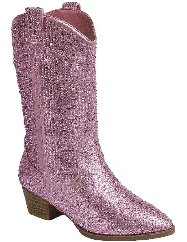 Best boots for snowy roads -Pink Rhinestone Boots - Tall Western