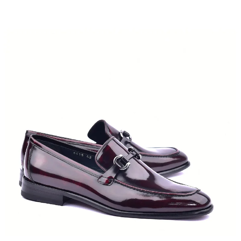 cute floral loafers-Corrente C0431 6415 Men's Shoes Burgundy Calf Skin Leather High Gloss Buckle Loafers (CRT1366)