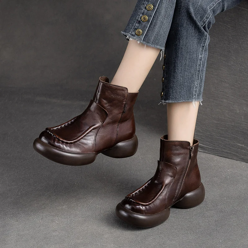 Platform boots for women -Women Retro Patchwork leather Thick Soled Boots