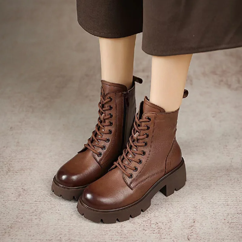 Cute boots for fall fashion -Women Classic Minimalist Leather Chunky Platform Combat Boots