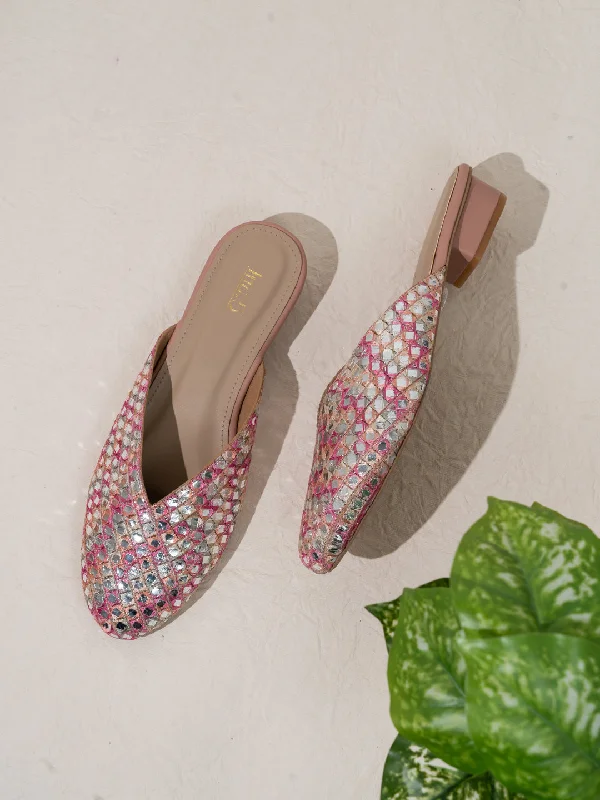 cozy leather flats-Womens Peach Ethnic Embellished Round Toe Flats