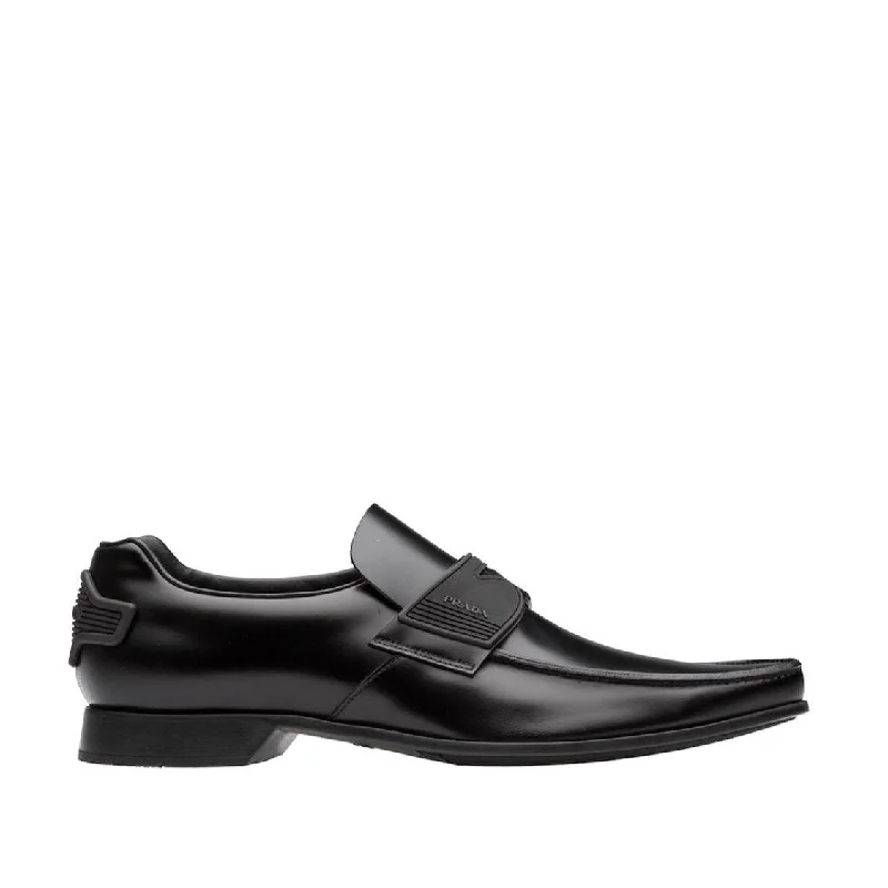 chic black loafers-Prada 2DG094-B4L Men's Shoes Black Calf-Skin Leather Moccasin Loafers (PRM1006)