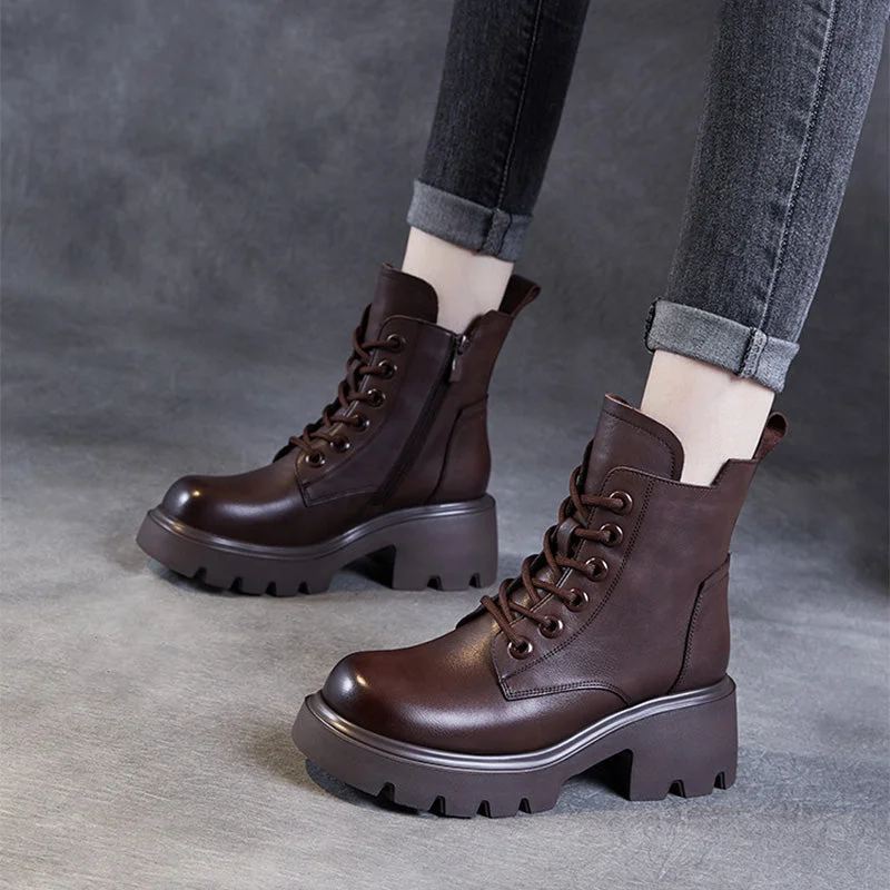 Chunky heel boots for women -Women Vintage Leather Comfort Platform Boots