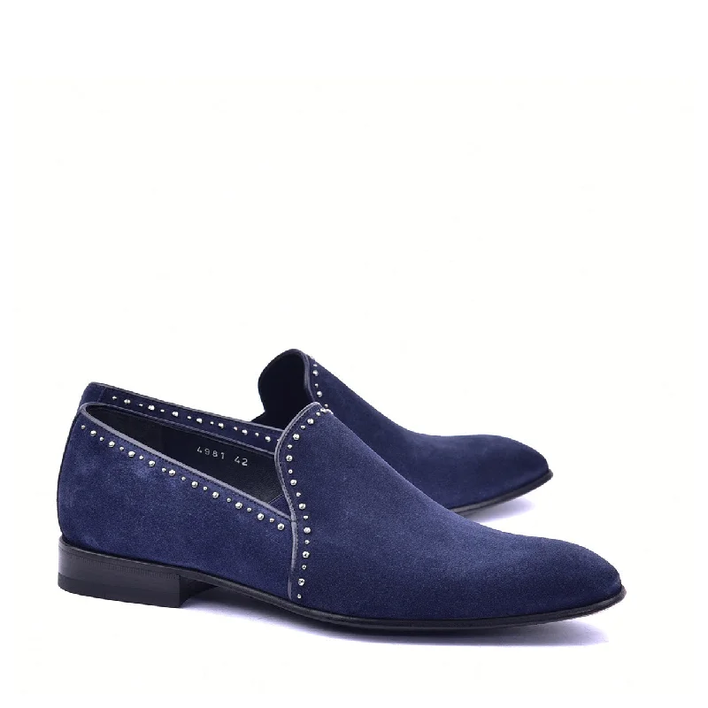 stylish summer loafers-Corrente C041 4981S Men's Shoes Navy Plain Suede / Calf Skin Leather with Studs Loafers (CRT1369)