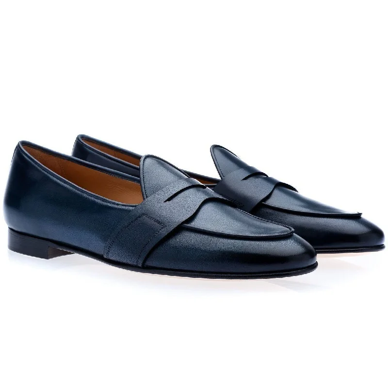 simple penny loafers-SUPERGLAMOUROUS Tangerine 9 Toledo Men's Shoes Navy Hand-Painted Leather Penny Loafers (SPGM1122)