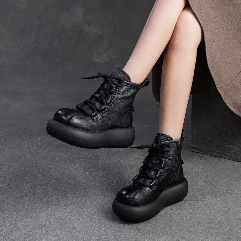 Fashionable high-top boots for women -Women Retro Minimalism Leather Platform Boots