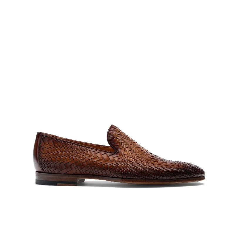 sleek patent loafers-Magnanni 22702 Herrera Men's Shoes Brown Woven Leather Slip-On Loafers (MAGS1009)